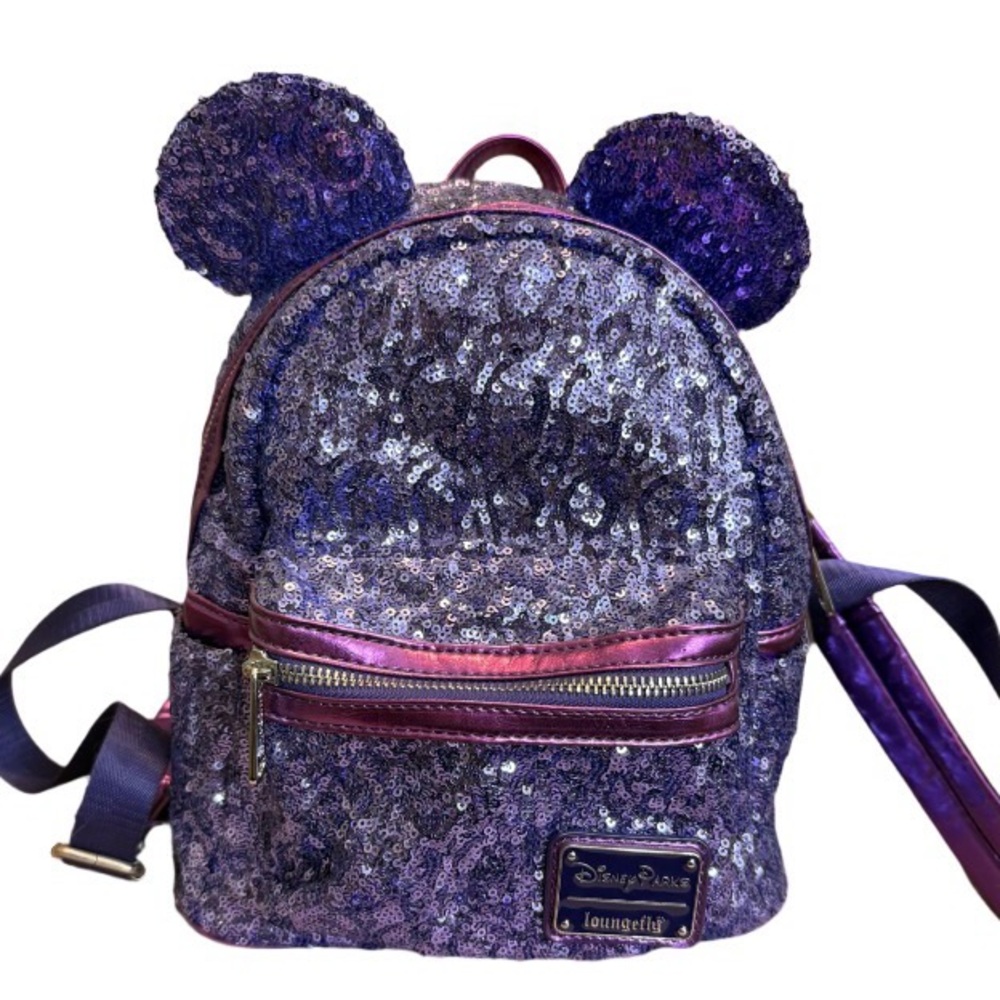 Disney Parks Loungefly Potion Purple Sequined Mini Backpack Minnie Mouse Ears